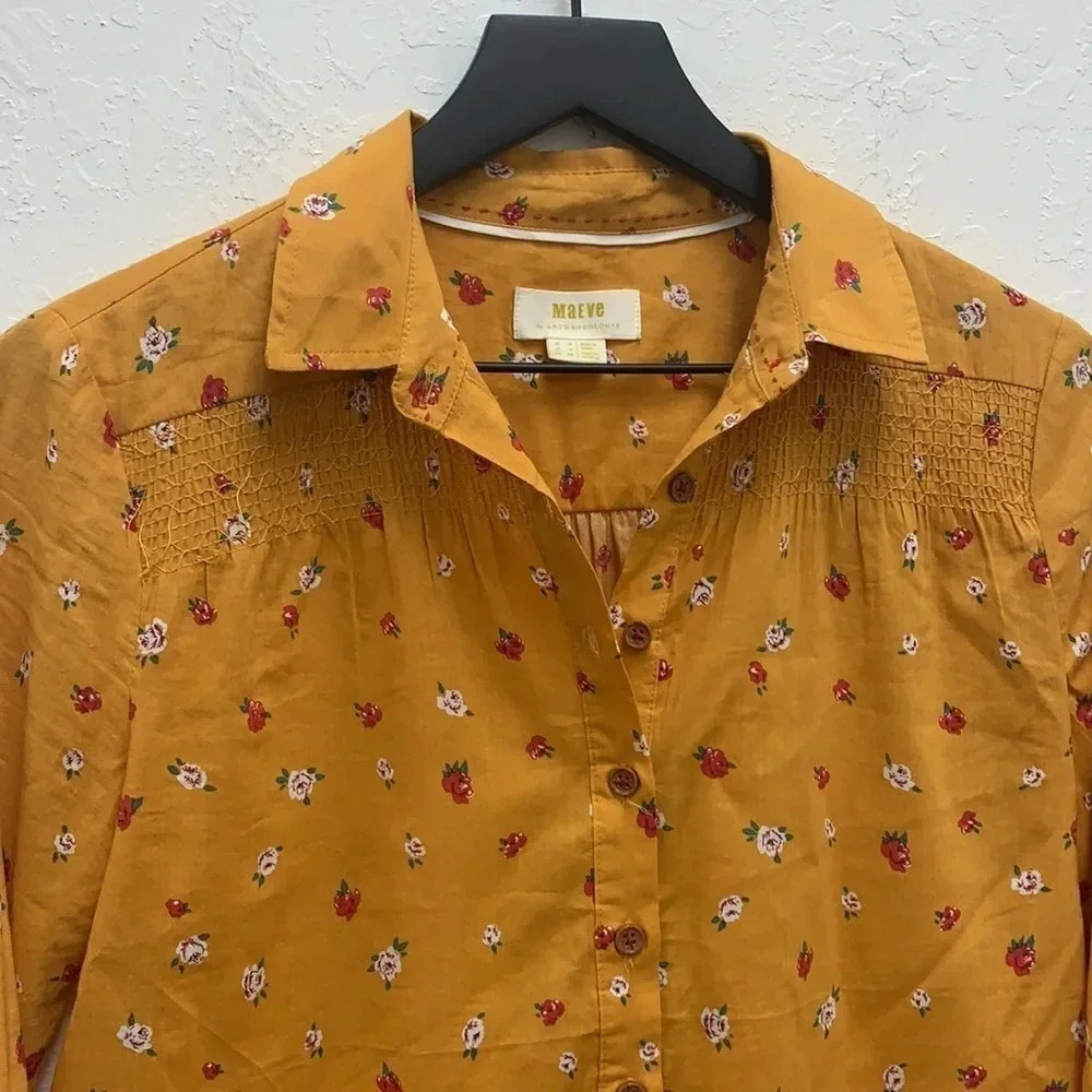 Anthropologie Maeve Yellow Phyllis Floral Top Size 0 - Picture 3 of 8